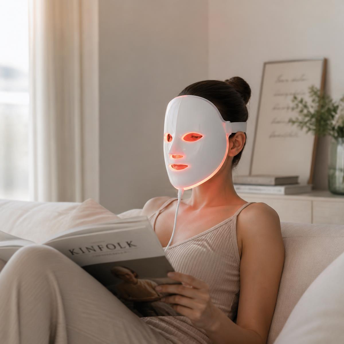 Femme utilisant le masque LED visage à la maison